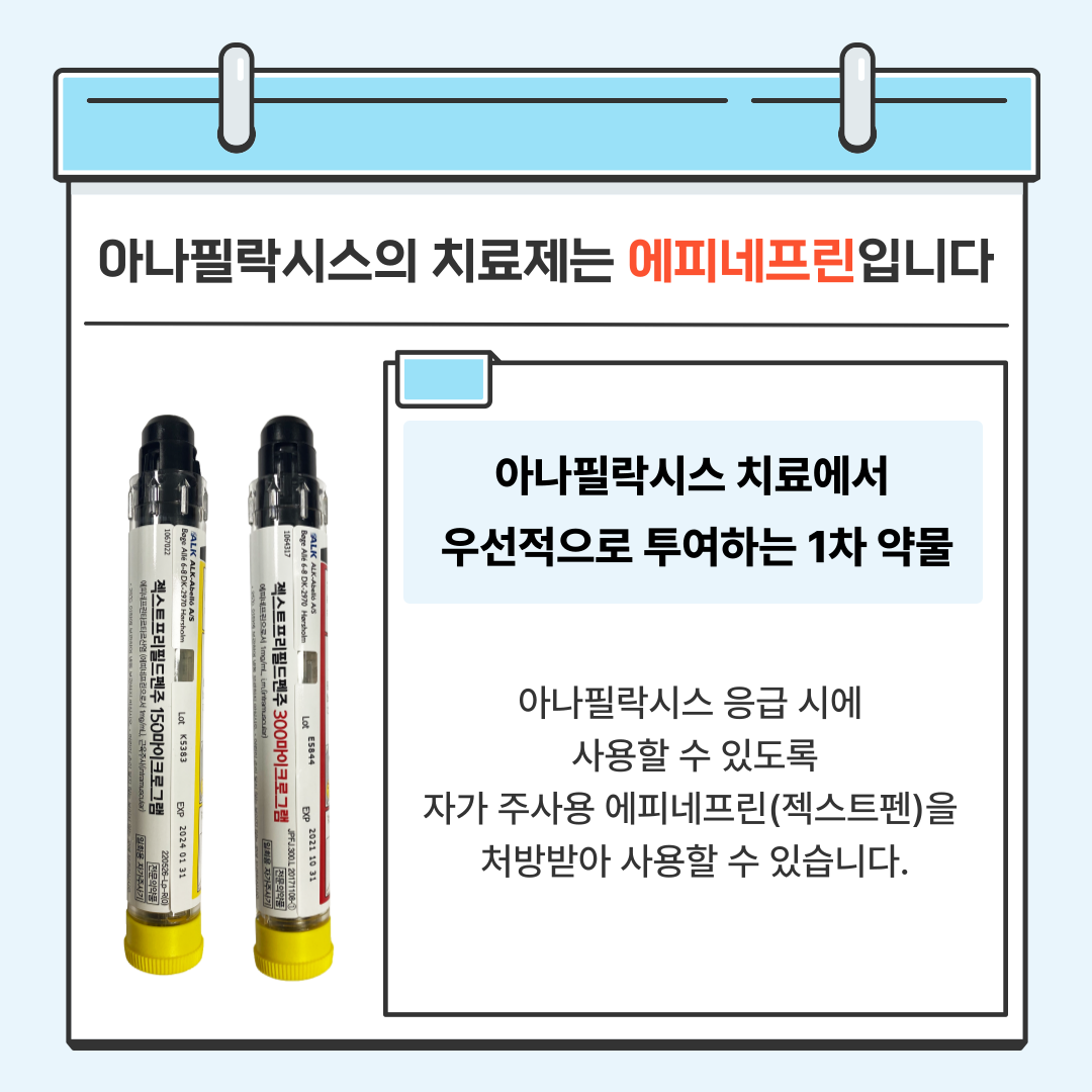 아나필락시스의 치료제는 에피네프린입니다. 아나필락시스 치료에서 우선적으로 투여하는 1차 약물 아나필락시스 응급 시에 사용할 수 있도록 자가 주사용 에피네프린(젝스트펜)을 처방받아 사용할 수 있습니다.